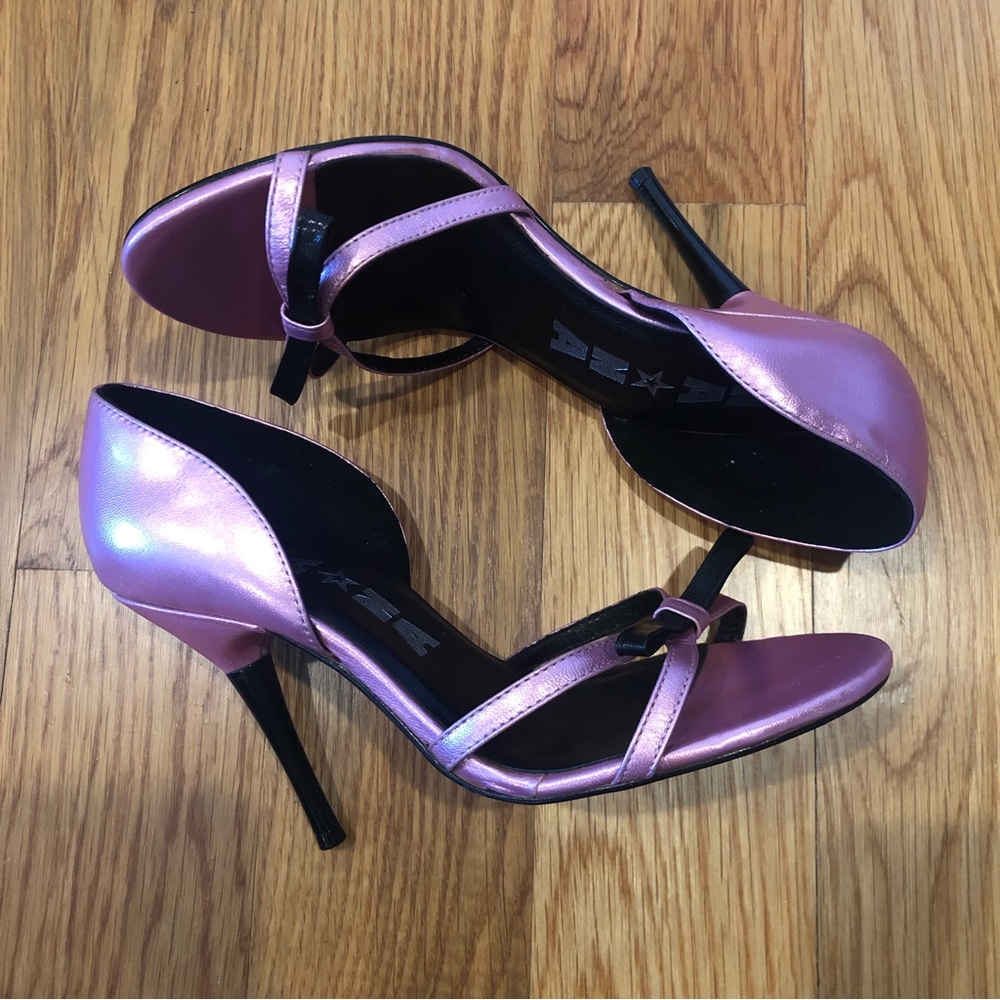 Y2K Nana Satiny Shiny Pink Black Bow Stilleto Heels 5.5